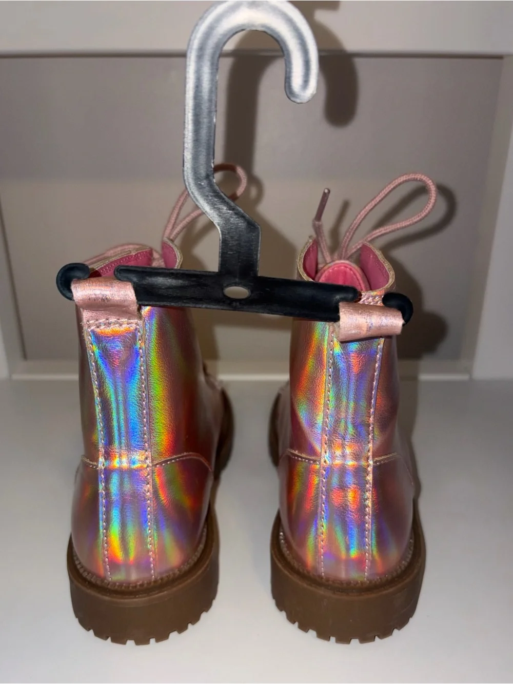 Iridescent Pink Holographic Lace-Up Combat Boots